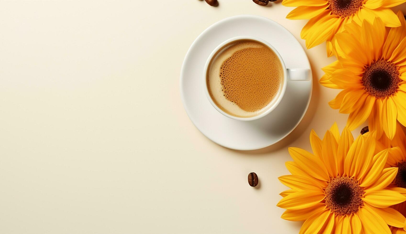 ai gegenereerd kop van vlak leggen koffie Aan de tafel met tulp achtergrond foto