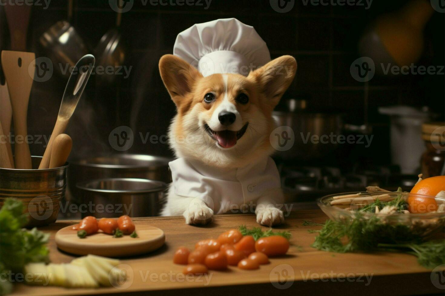 ai gegenereerd aanbiddelijk chef corgi voegt toe een speels tintje naar de kunst van Koken foto