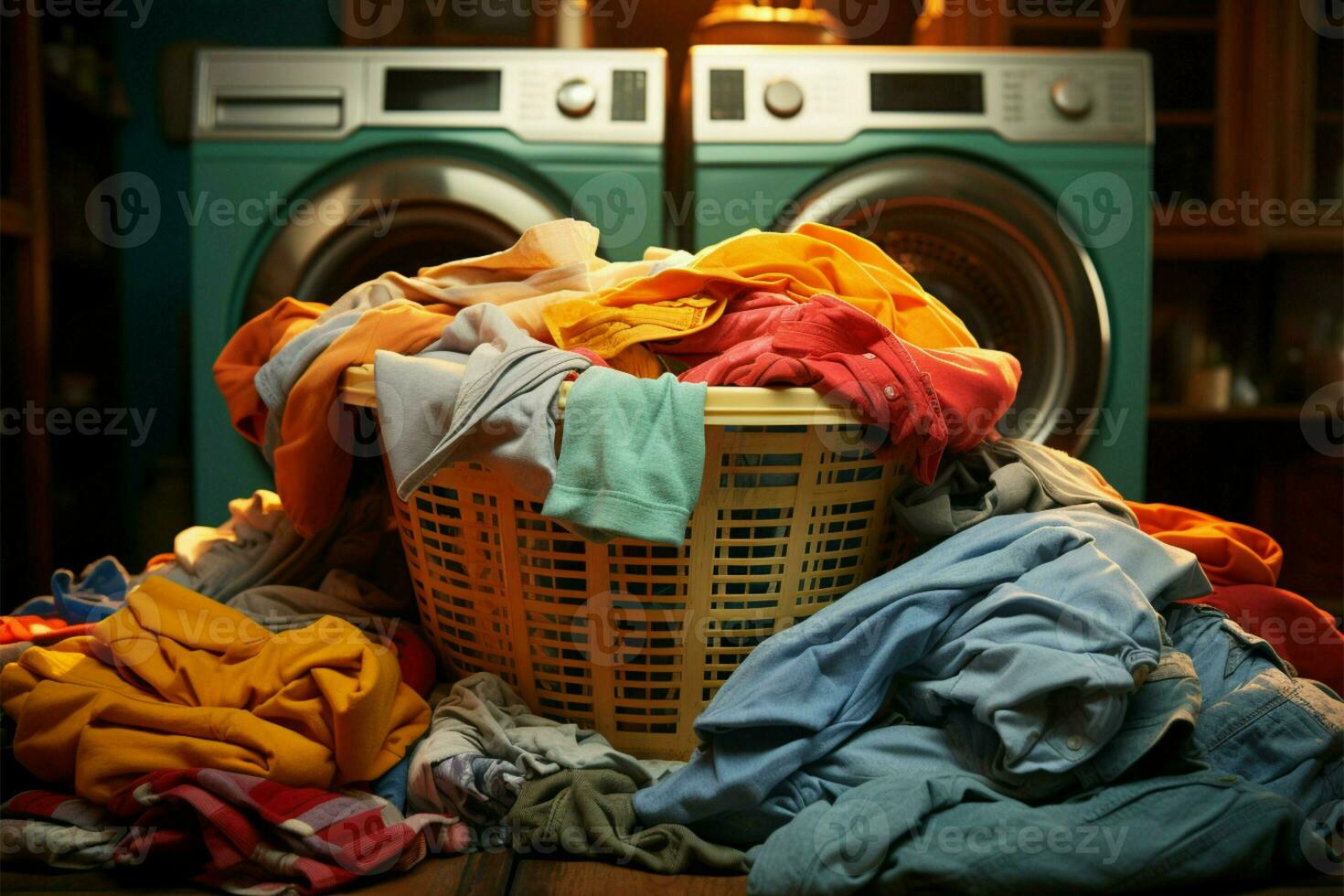 ai gegenereerd kleren accumuleren, creëren een rommelig tafereel binnen de grenzen van de wasserij mand foto