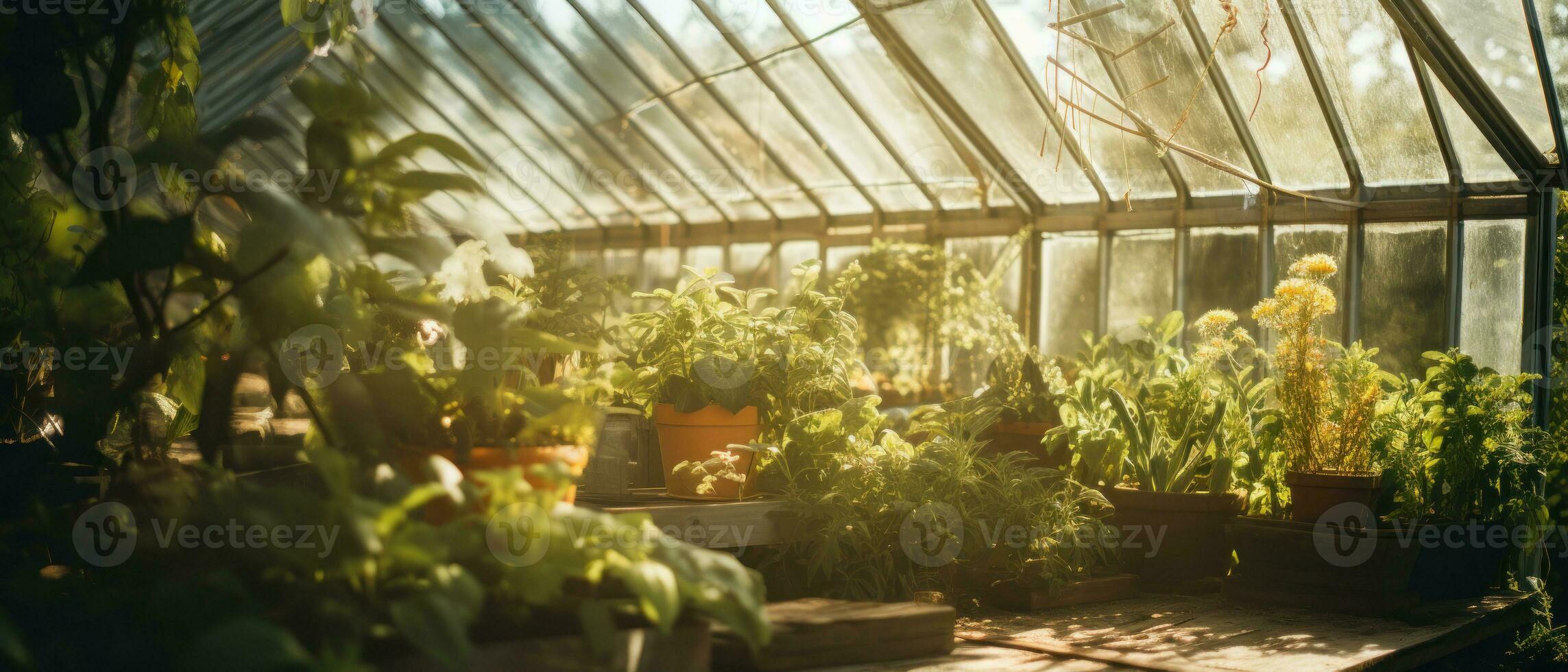 ai gegenereerd sereen kas gevulde met weelderig groen en levendig flora. ai generatief. foto