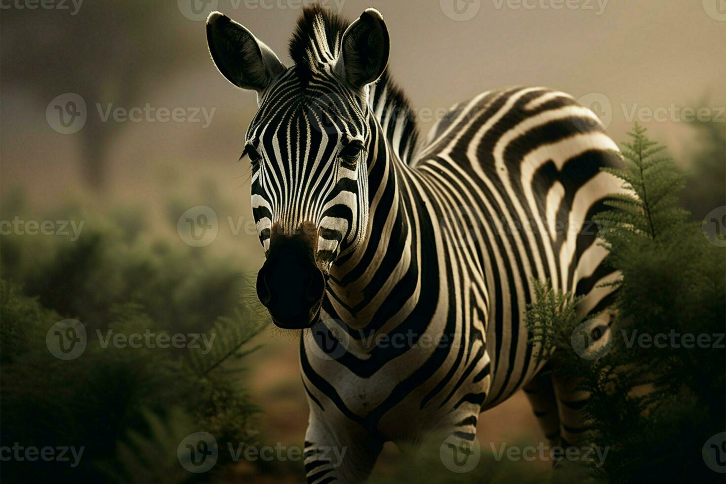 ai gegenereerd opvallend contrast zebra's portret in ingewikkeld detail in de Woud foto