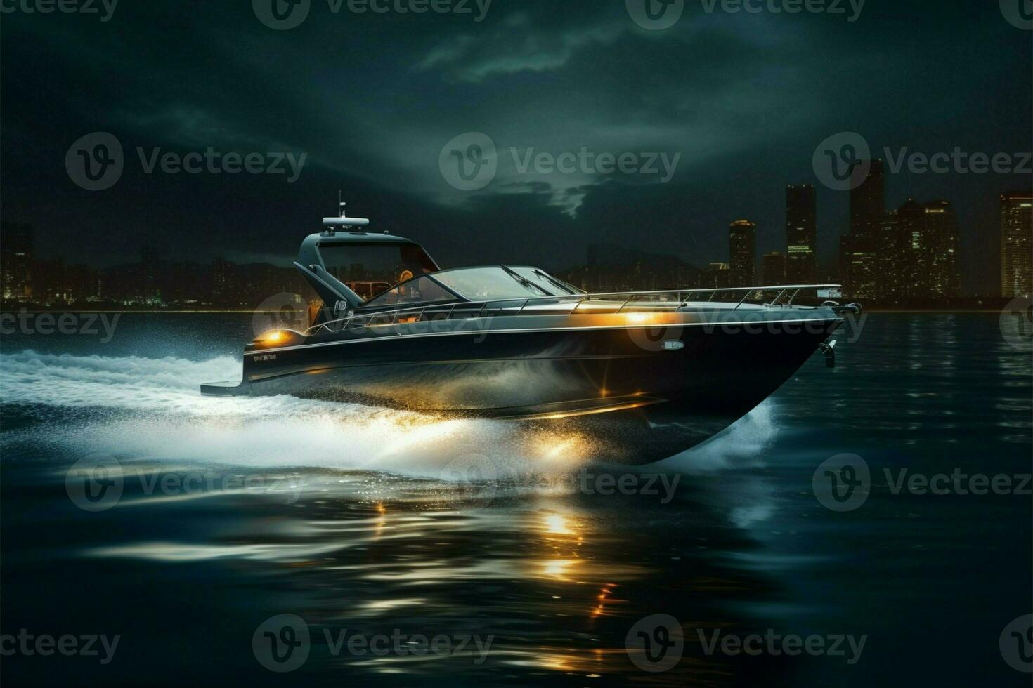 ai gegenereerd middernacht snelheid een boot strepen door de water, creëren een spannend nacht schouwspel foto