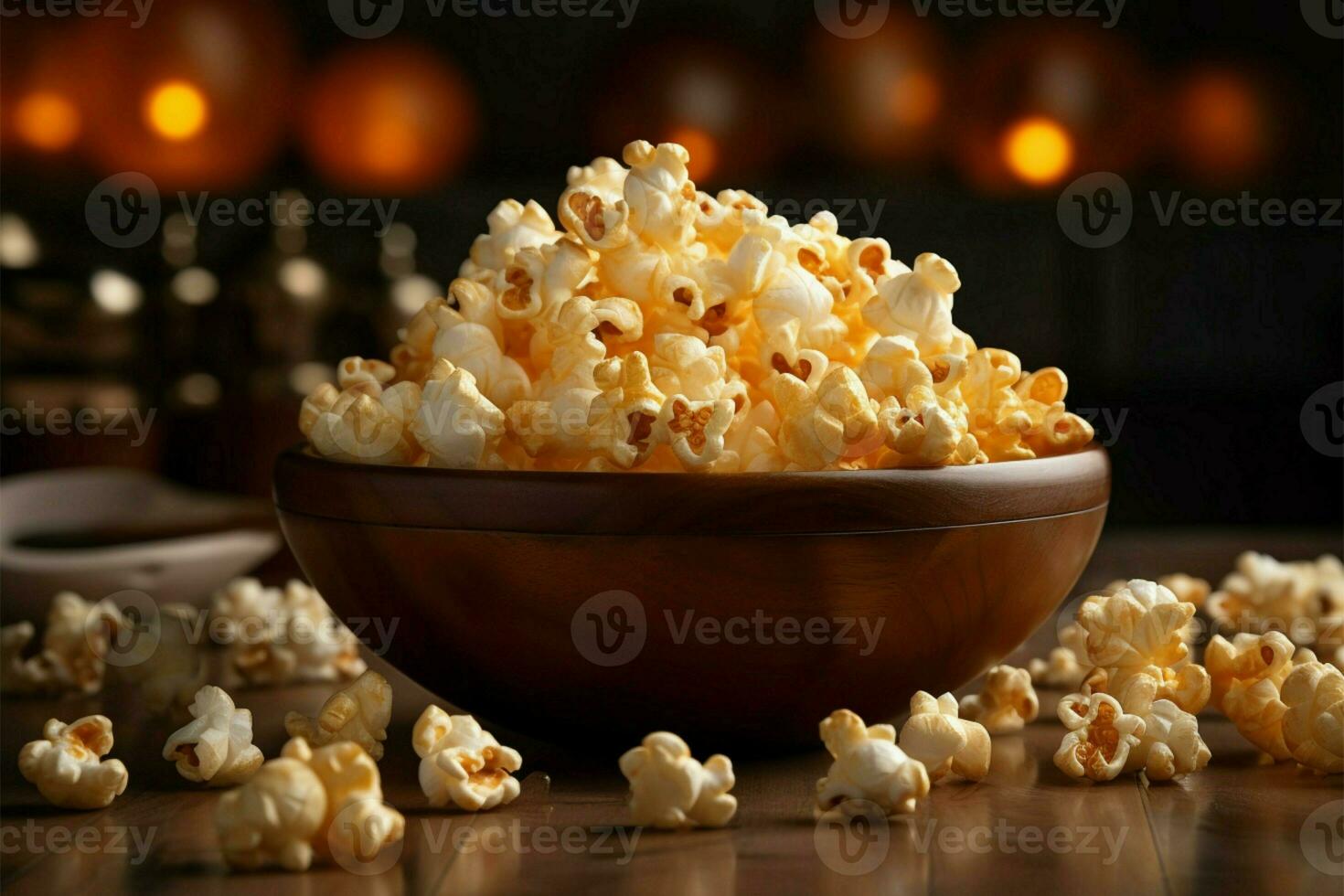 ai gegenereerd krokant vreugde popcorn verspreide Aan de tafel, klaar voor toegeeflijkheid foto