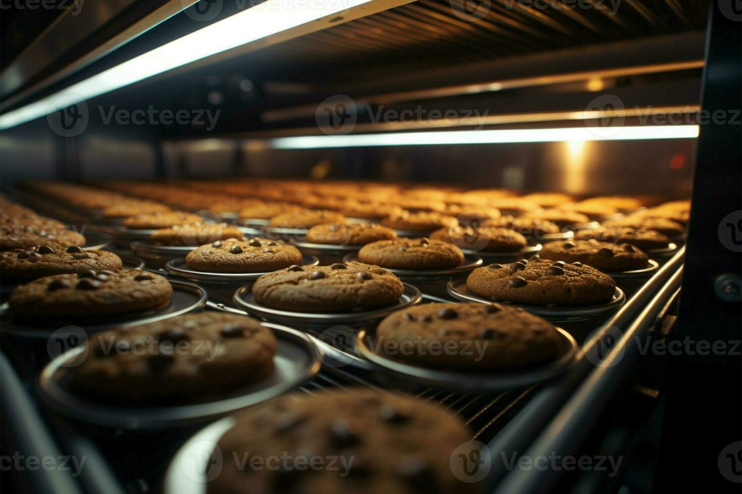 ai gegenereerd chocola koekje fabriek lijn ambachten heerlijk behandelt met precisie en watertanden rendement foto