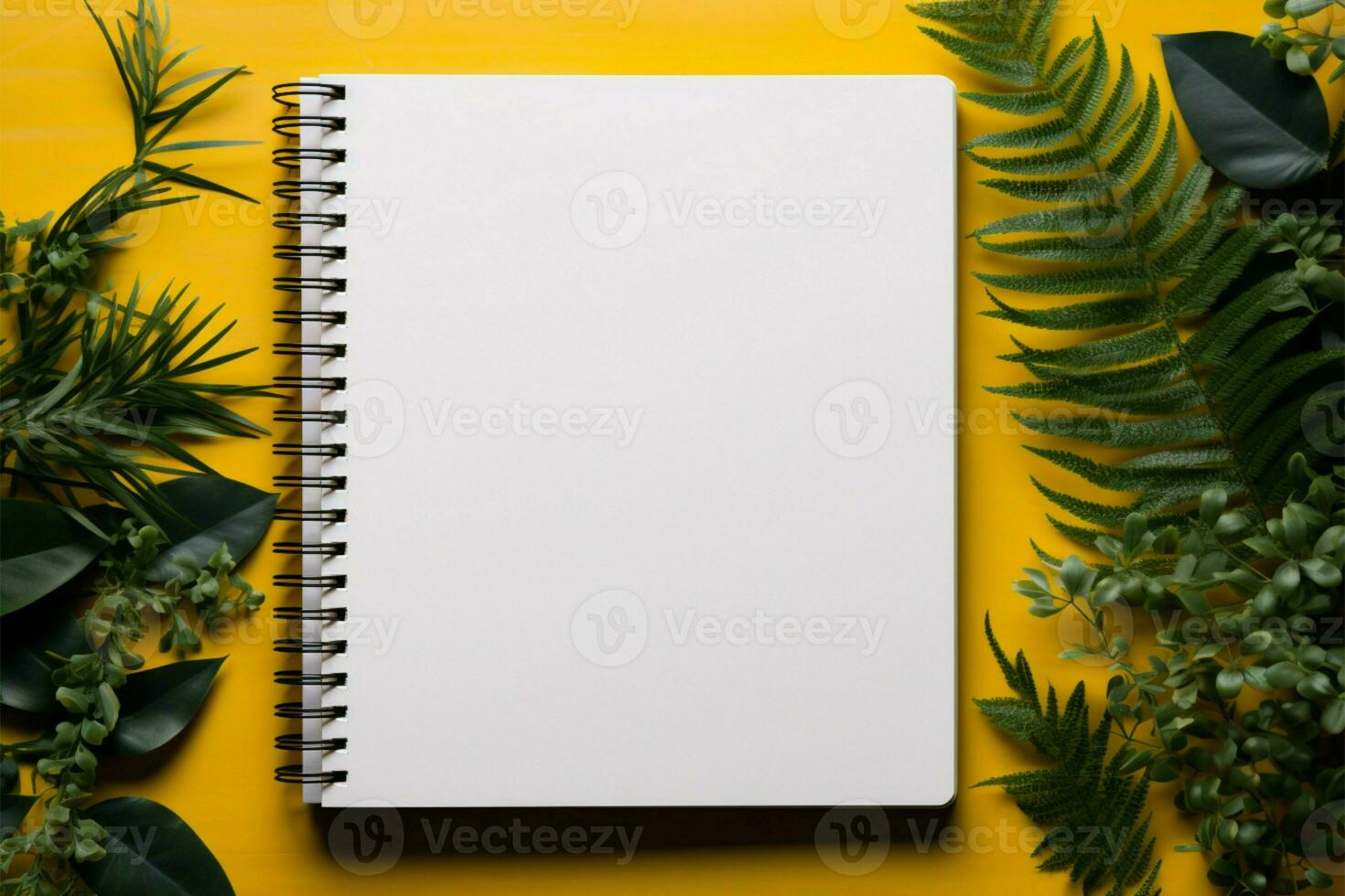 ai gegenereerd werkruimte eenvoud vlak leggen van blanco notitieboekje met groen fabriek foto