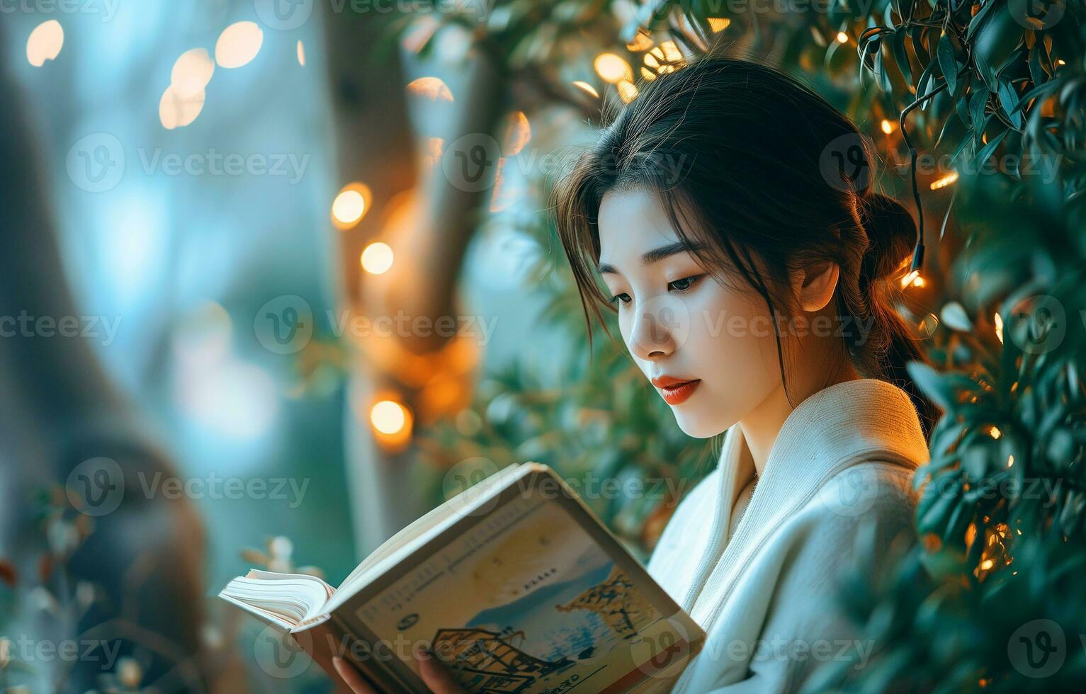 ai gegenereerd jong Aziatisch vrouw is lezing een boek in een kamer versierd voor de winter vakantie. fotorealistisch, achtergrond met bokeh effect. ai gegenereerd. foto