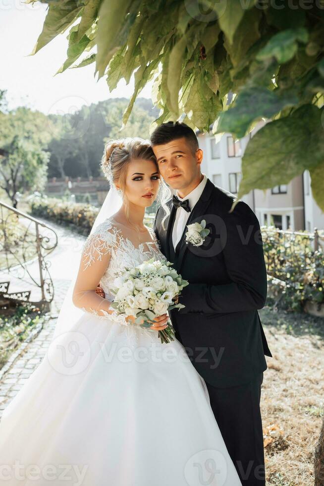 bruiloft portret. een bruidegom in een zwart pak en een blond bruid staan omarmen door een steen muur onder een boom. foto sessie in natuur. mooi haar- en bedenken