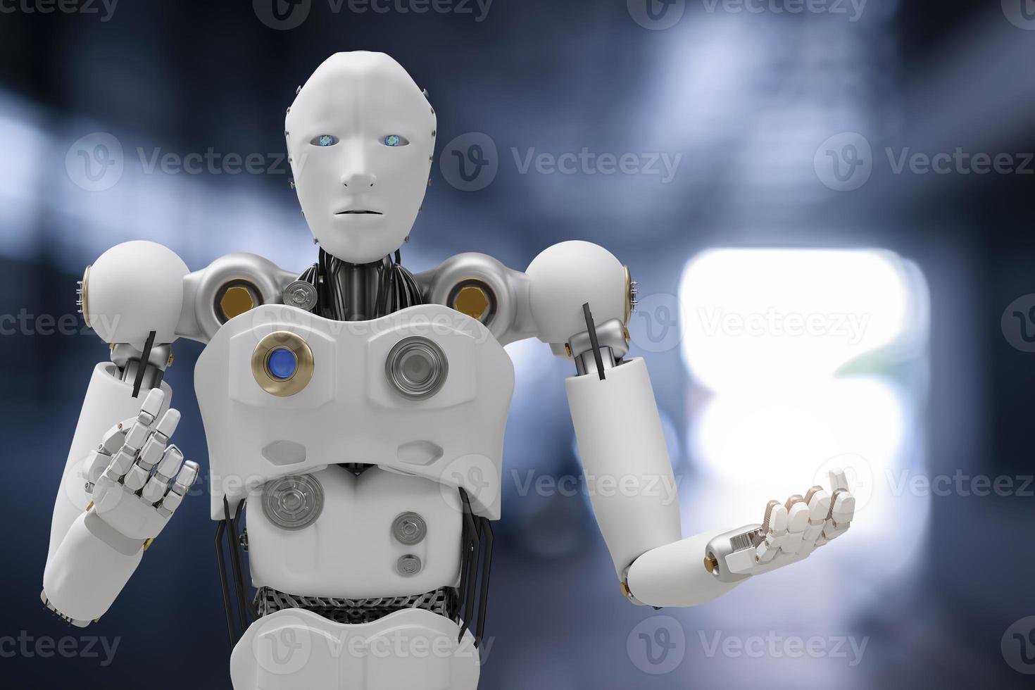 robot cyber toekomst futuristisch humanoïde auto, auto, automotive auto check fix in garage industrie inspectie inspecteur verzekering onderhoud monteur reparatie robot service technologie 3D-rendering foto