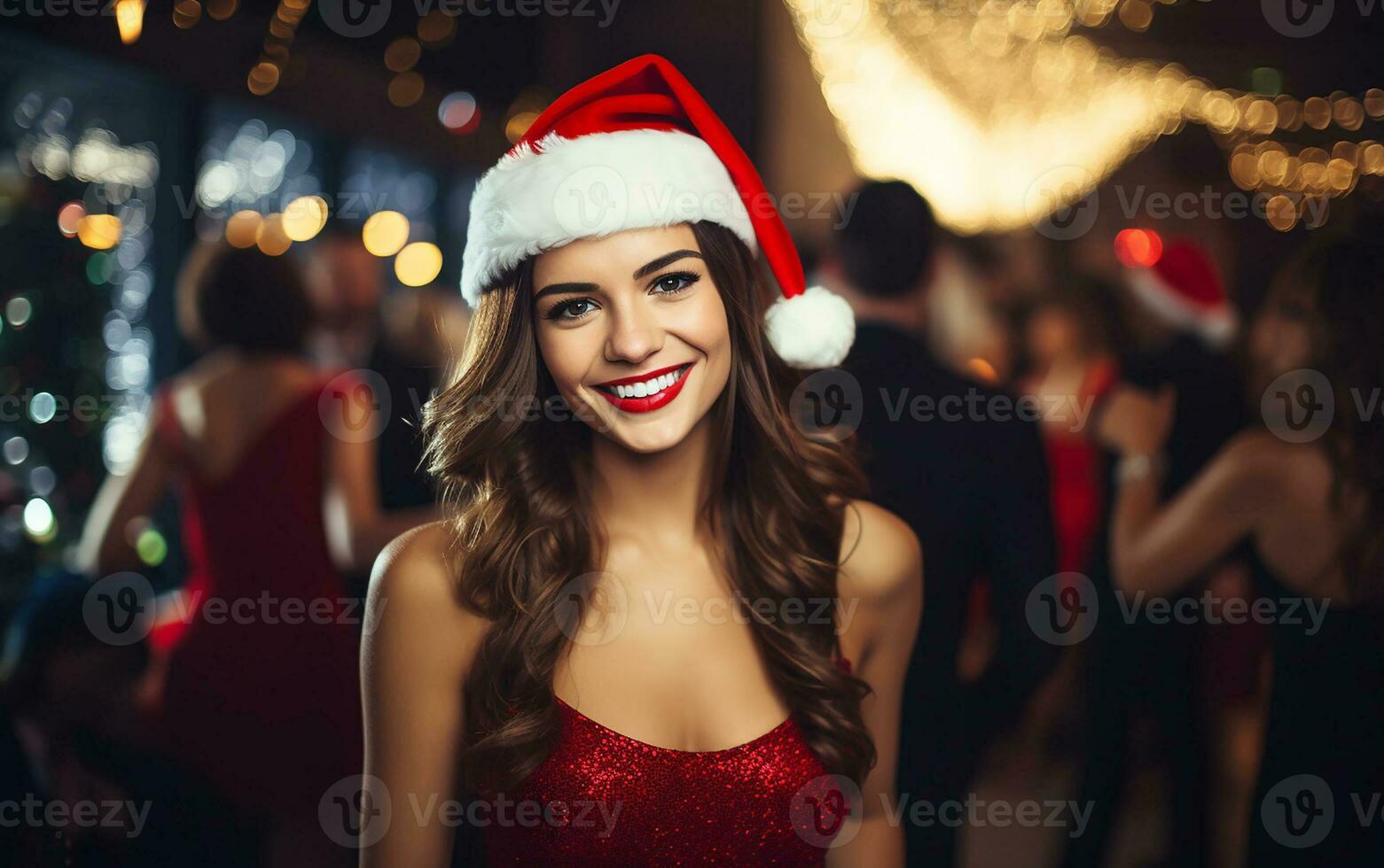 ai gegenereerd Kerstmis partij banier met glimlachen Kaukasisch brunette in de kerstman hoed foto