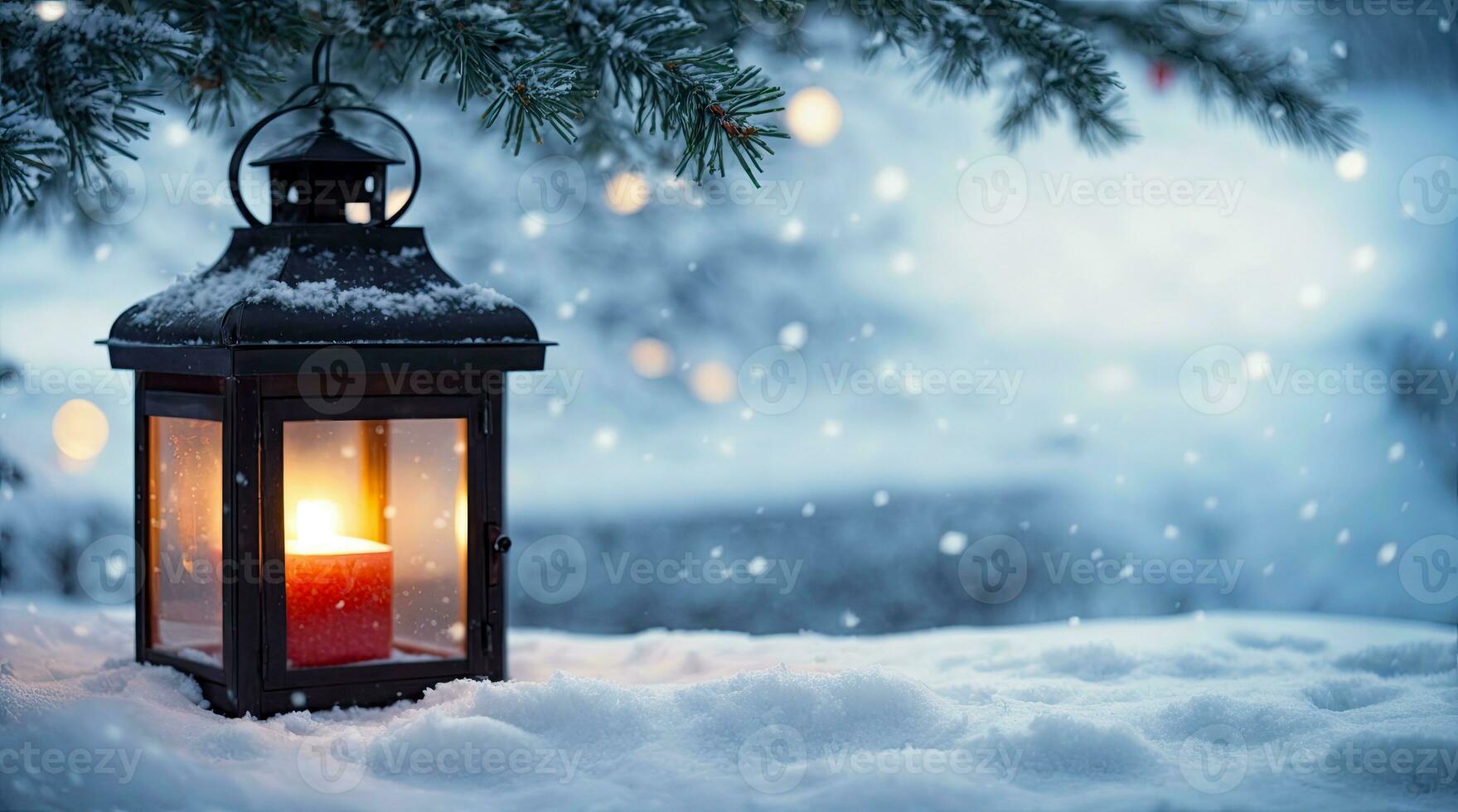 ai gegenereerd Kerstmis lantaarn Aan sneeuw met Spar Afdeling in avond tafereel met sneeuwvlokken, sprankelend lichten, en wazig achtergrond. Kerstmis vakantie achtergrond. foto