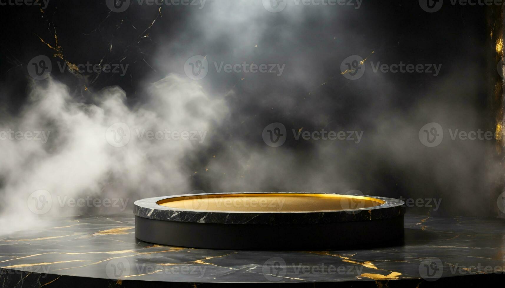 ai gegenereerd ronde vorm zwart marmeren podium in donker kamer met rook voor mockup producten Scherm foto