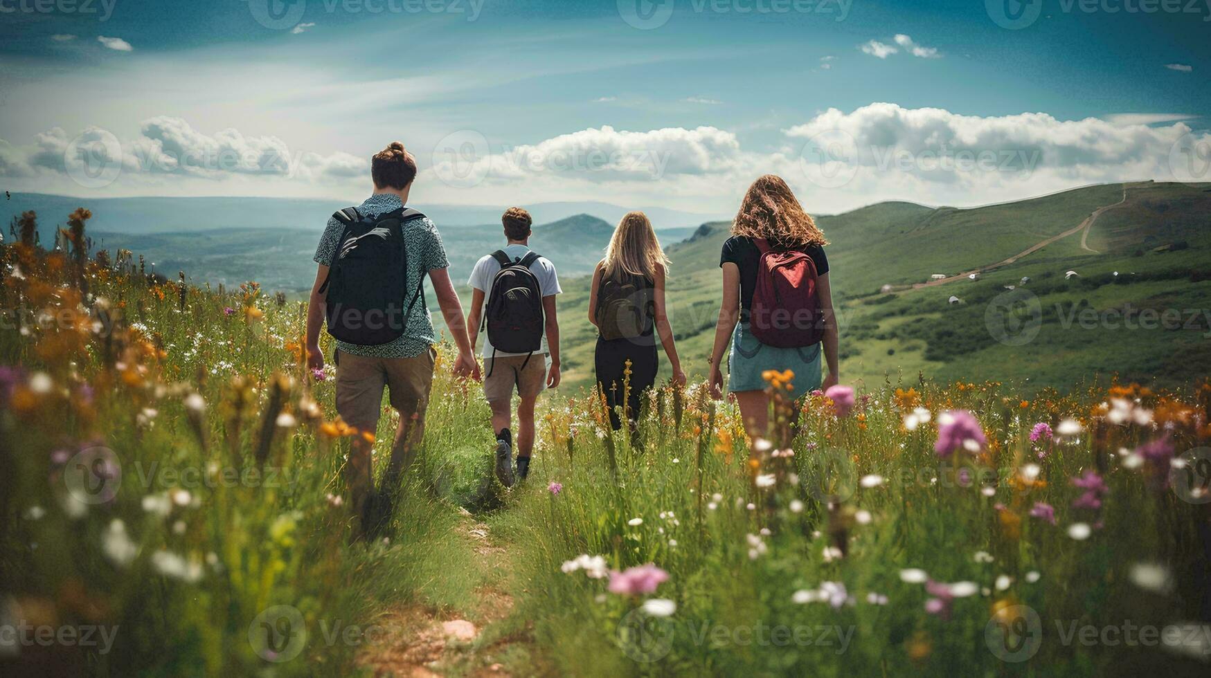 ai gegenereerd een groep van jong mensen wandelen samen beklimming een berg in zomer, wandelen door de gras en bloemen Aan een mooi heuvel, foto genomen van achter