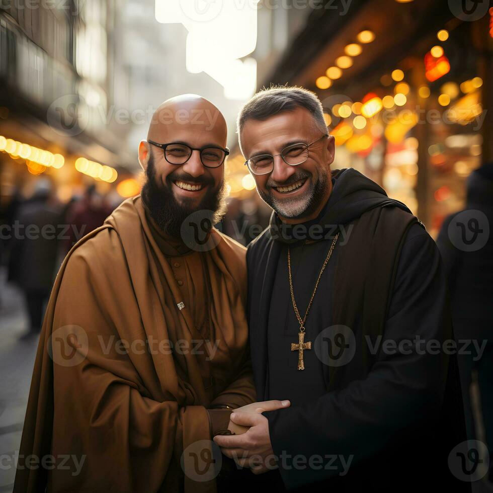 ai gegenereerd portret van moslim imam en christen priester omarmen elk ander. generatief ai foto