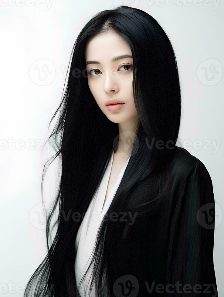 ai gegenereerd portret van mooi Aziatisch vrouw met lang zwart haar- Aan geïsoleerd achtergrond, ai generatief foto