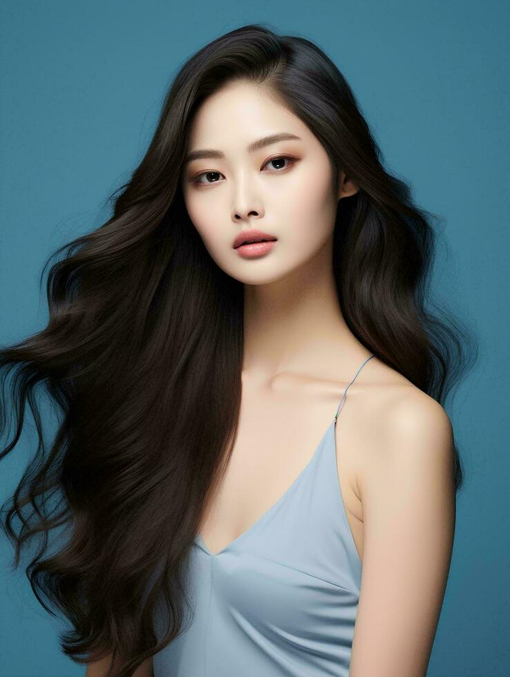 ai gegenereerd jong schoonheid Japans vrouw lang Rechtdoor haar- met Koreaans stijl bedenken en perfect schoon huid Aan geïsoleerd blauw achtergrond, ai generatief foto