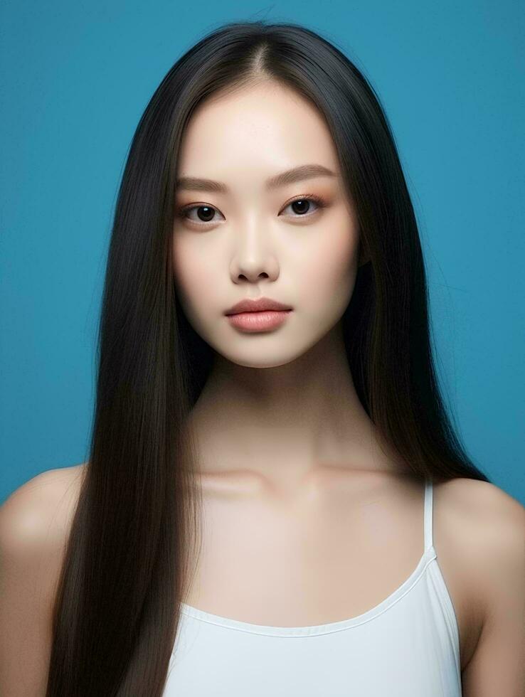 ai gegenereerd jong schoonheid Japans vrouw lang Rechtdoor haar- met Koreaans stijl bedenken en perfect schoon huid Aan geïsoleerd blauw achtergrond, ai generatief foto