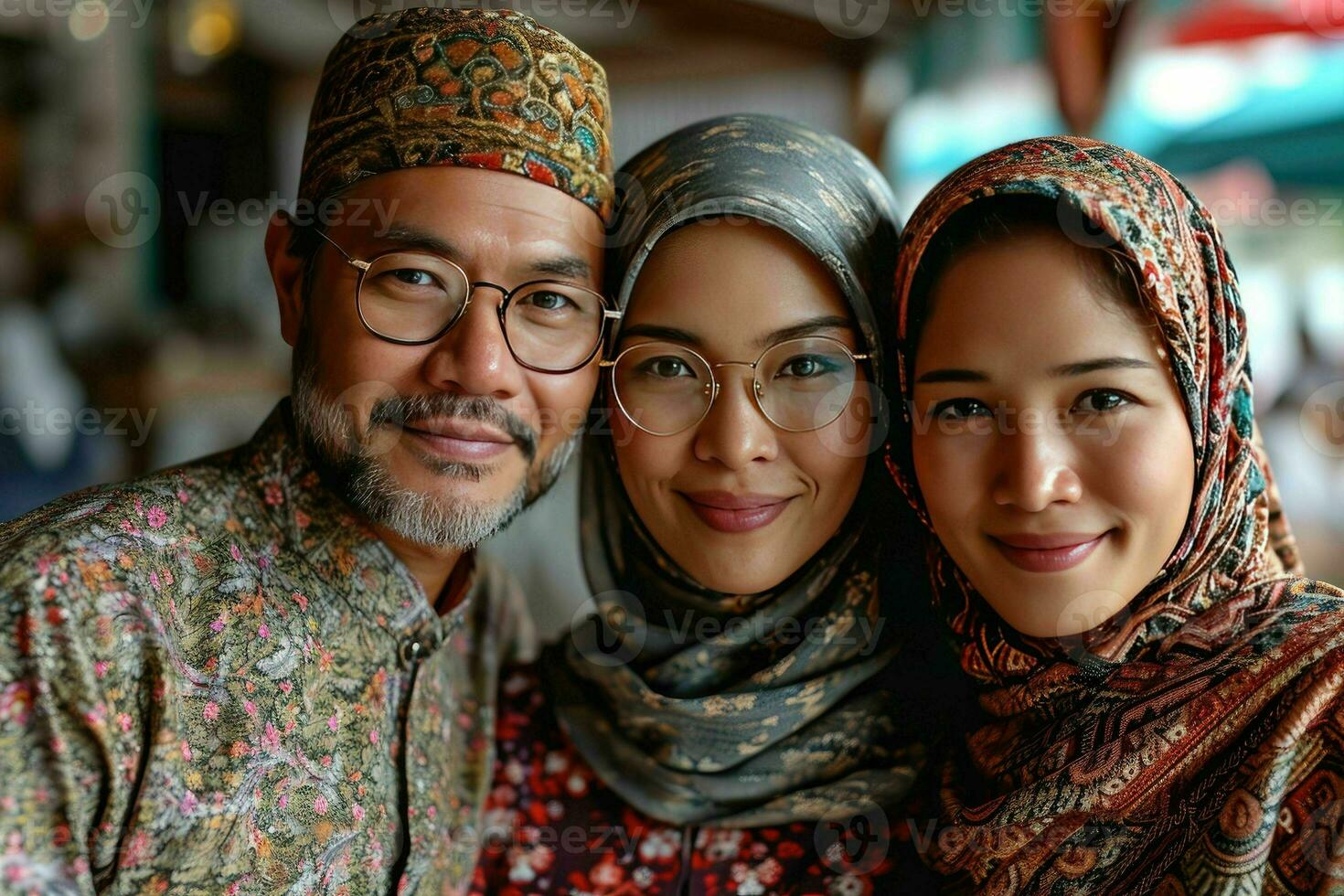 ai gegenereerd portret van een gelukkig Aziatisch moslim familie in traditioneel kleren. generatief ai foto