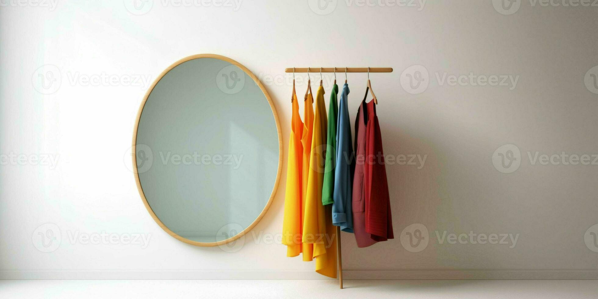 ai gegenereerd modieus kleren Aan hangers in een minimalistische interieur. mode tonen kamer interieur. generatief ai foto