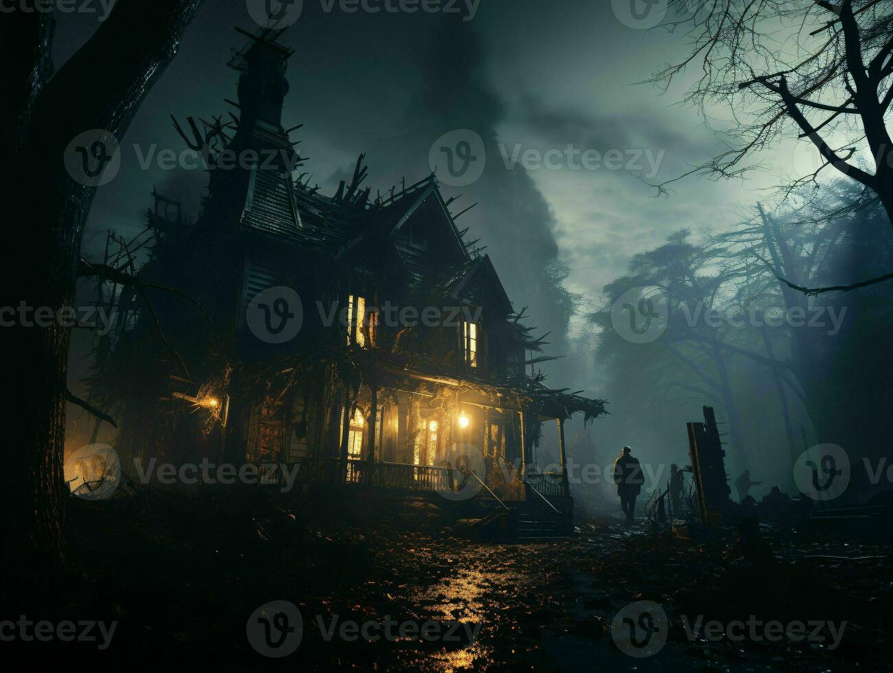 ai gegenereerd eng huis in de Woud met spookachtig bomen. verschrikking achtergrond. generatief ai foto
