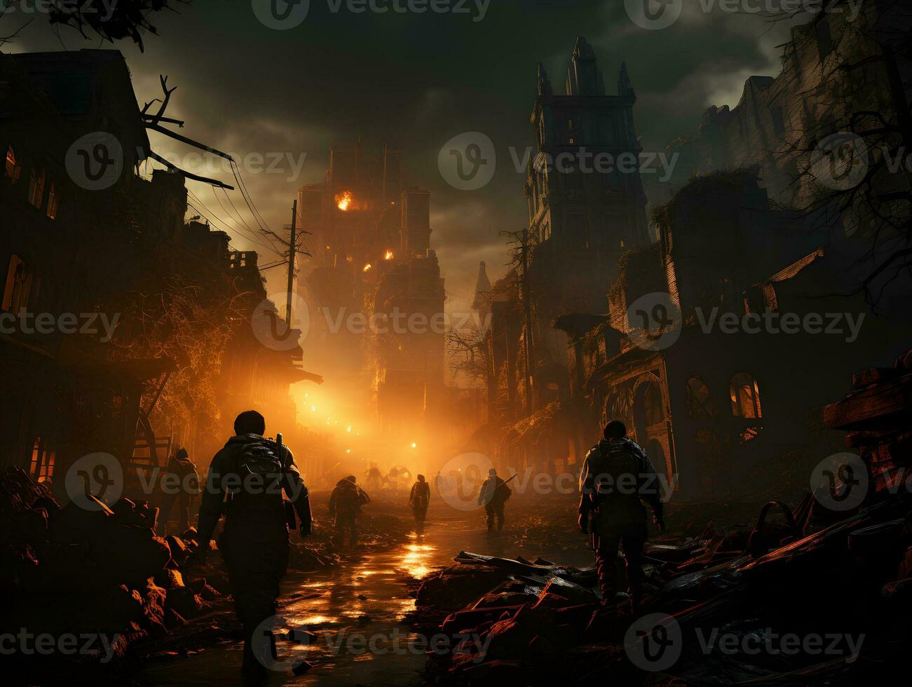 ai gegenereerd silhouetten van soldaten in een geruïneerd stad draaide zich om in een oorlog zone. oorlog in de stad. generatief ai foto