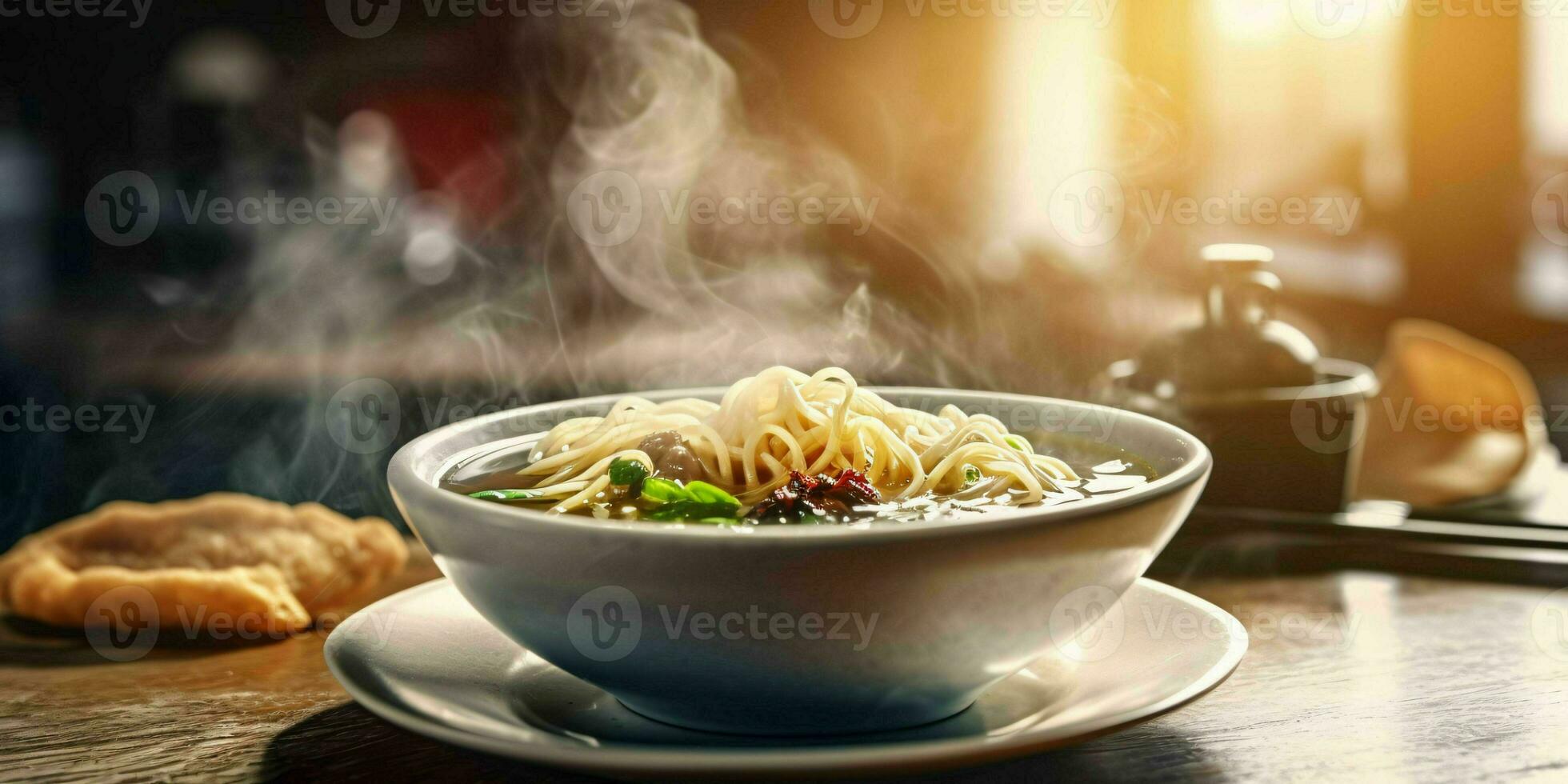 ai gegenereerd een kom van heet noodle soep Aan houten tafel. generatief ai foto