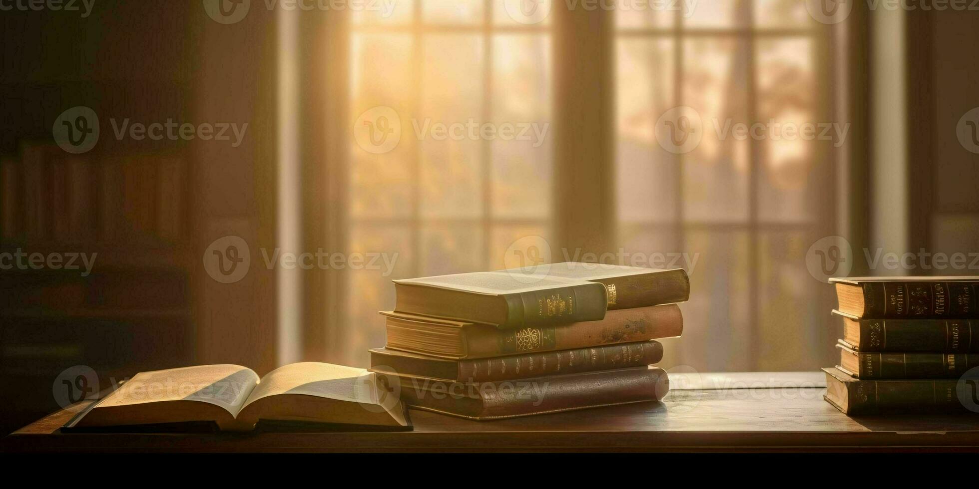 ai gegenereerd stack van boeken Aan een houten tafel met venster en zonlicht in de achtergrond. generatief ai foto