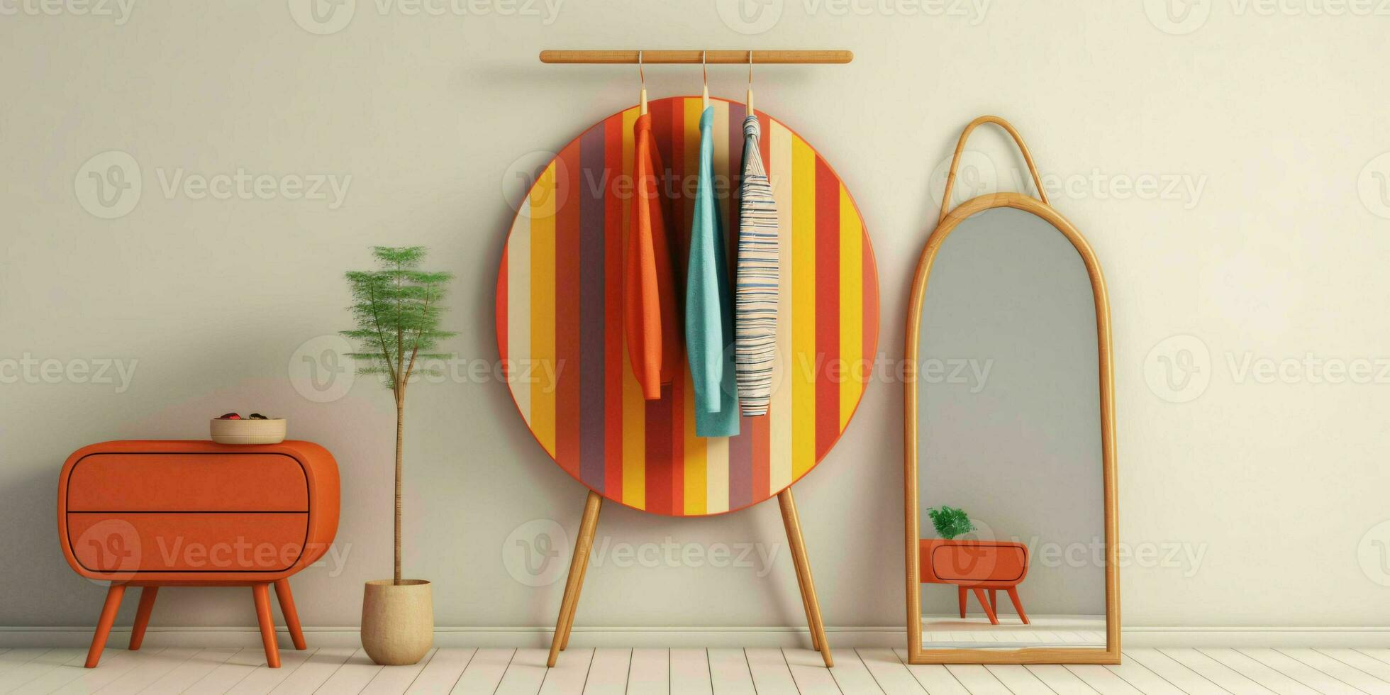 ai gegenereerd modieus kleren Aan hangers in een minimalistische interieur. mode tonen kamer interieur. generatief ai foto