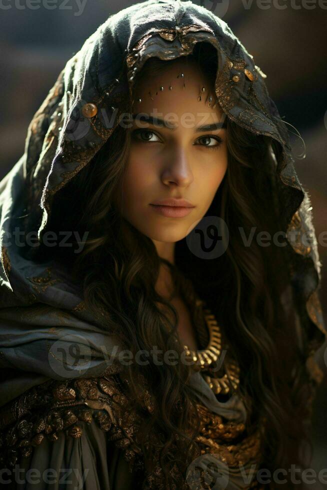 ai gegenereerd portret van mooi gesluierd Arabisch Dames met woestijn achtergrond. dichtbij omhoog van midden- oostelijk Dames met mooi ogen. generatief ai foto