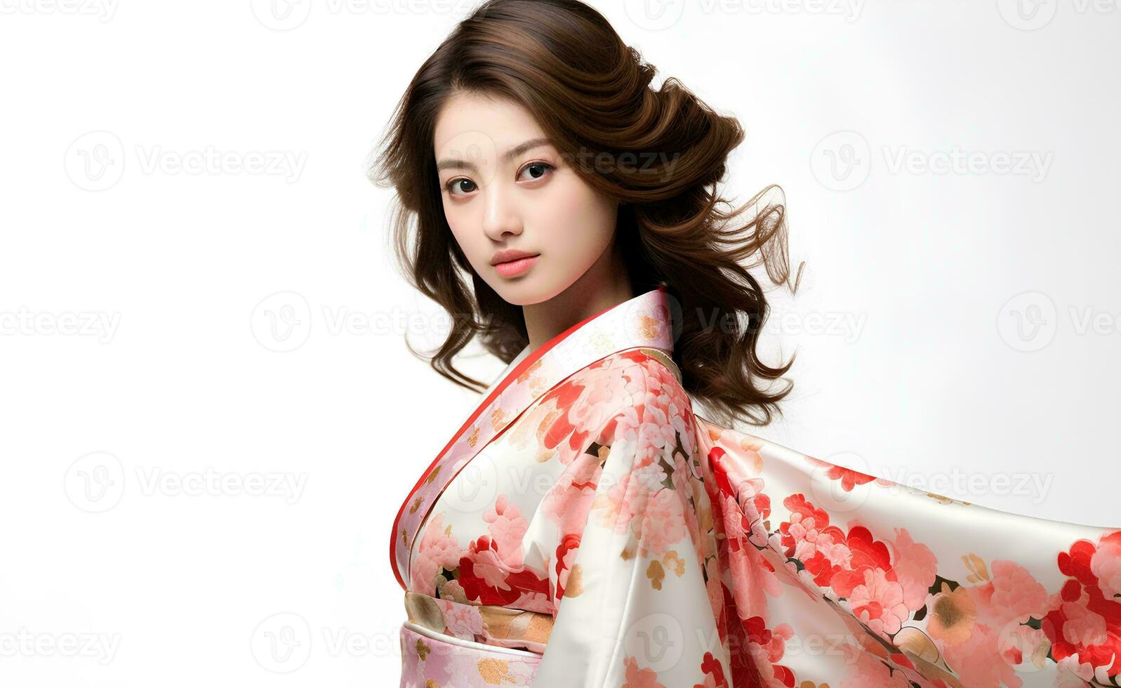 ai gegenereerd portret van jong Japans vrouw model- vervelend kimono poseren sierlijk, studio foto, geïsoleerd wit achtergrond foto