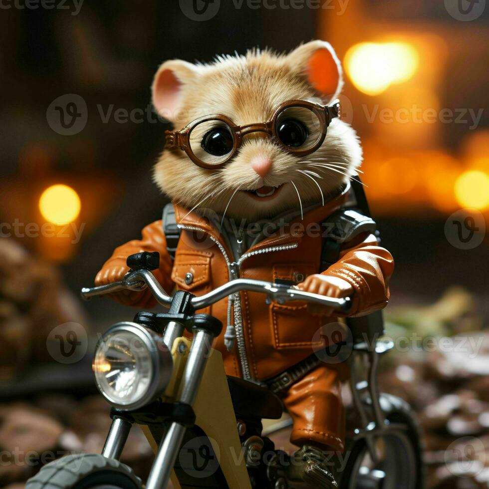 ai gegenereerd schattig weinig hamster rijden een motorfiets. generatief ai foto