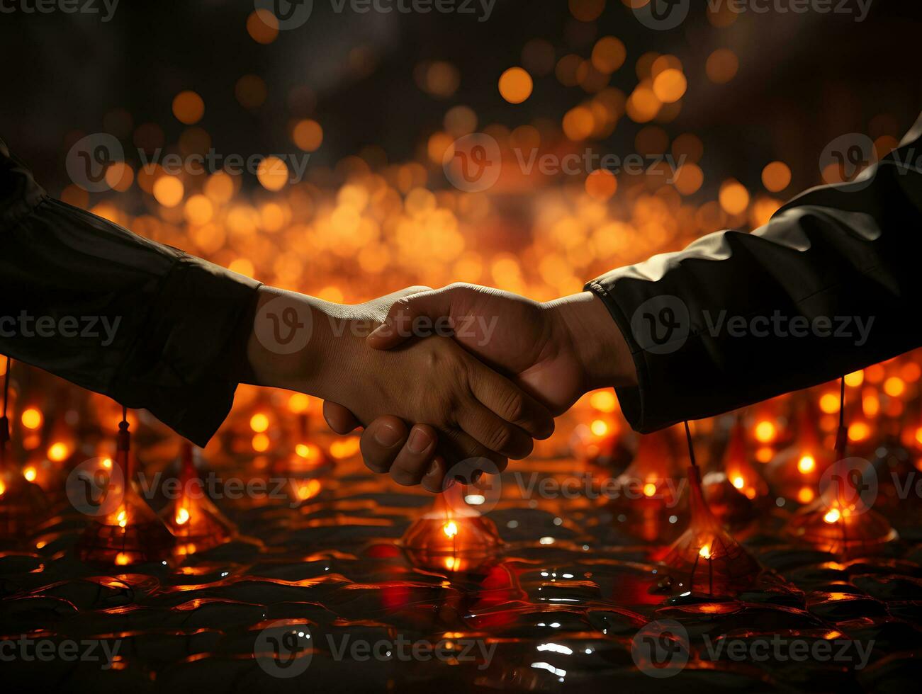 ai gegenereerd handdruk Bij Chinese nieuw jaar festival met wazig lantaarn licht achtergrond. generatief ai foto
