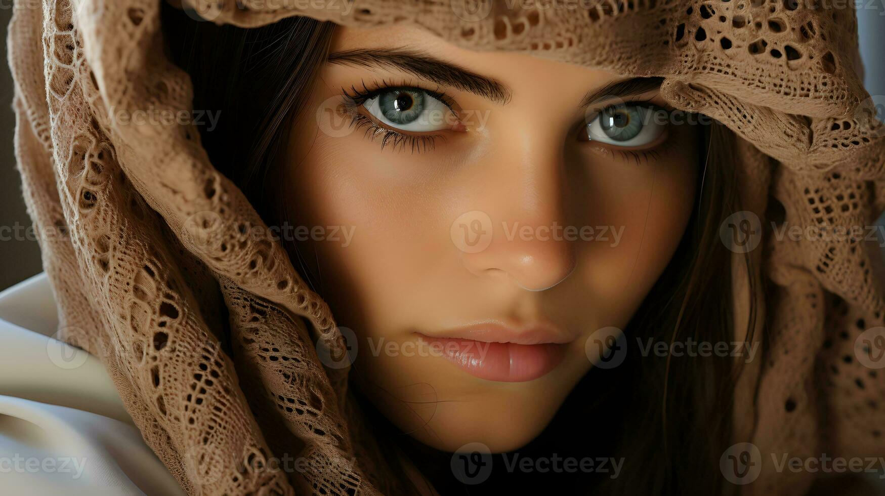 ai gegenereerd detailopname foto van een mooi Arabisch vrouw in hijab met verbijsterend ogen. generatief ai