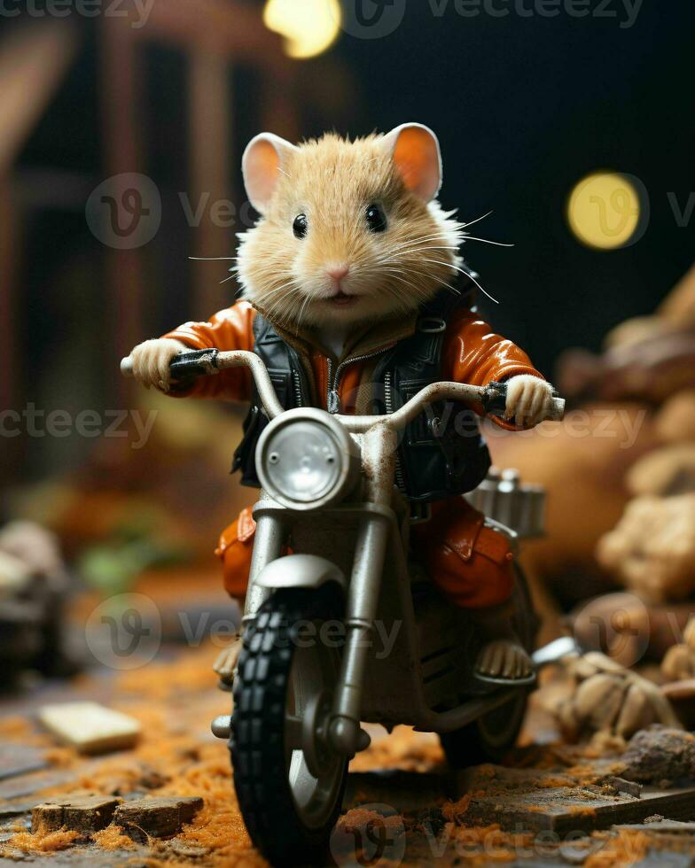 ai gegenereerd schattig weinig hamster rijden een motorfiets. generatief ai foto