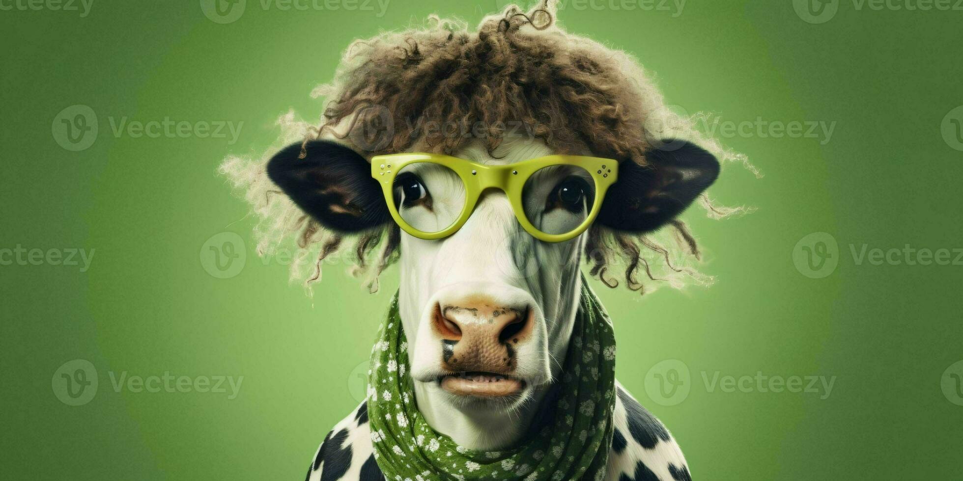 ai gegenereerd portret van koel en grappig koe vervelend bril in studio achtergrond. generatief ai foto