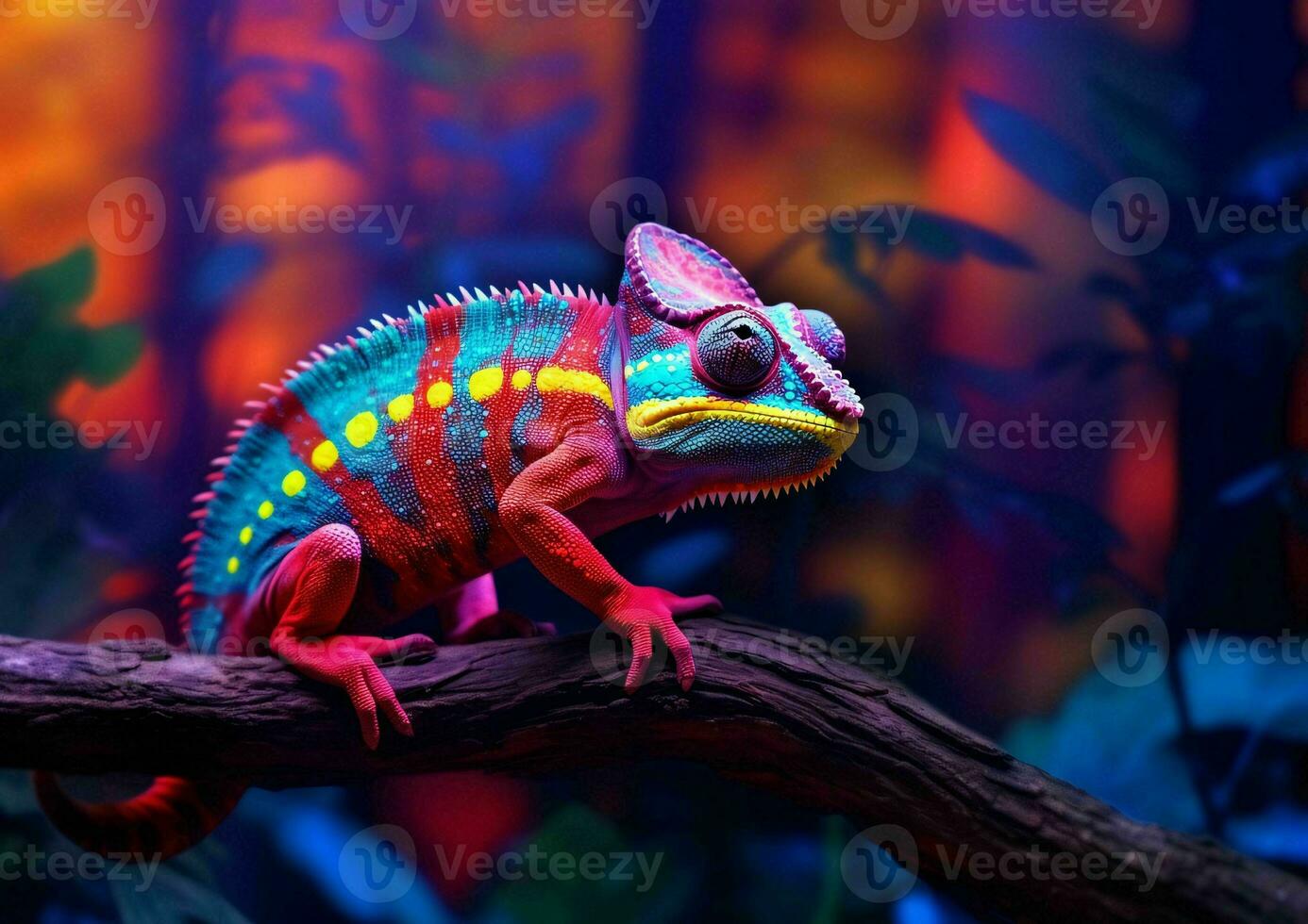 ai gegenereerd kleurrijk kameleon neergestreken Aan een boom Afdeling met levendig neon licht effect. digitaal kunst. generatief ai foto