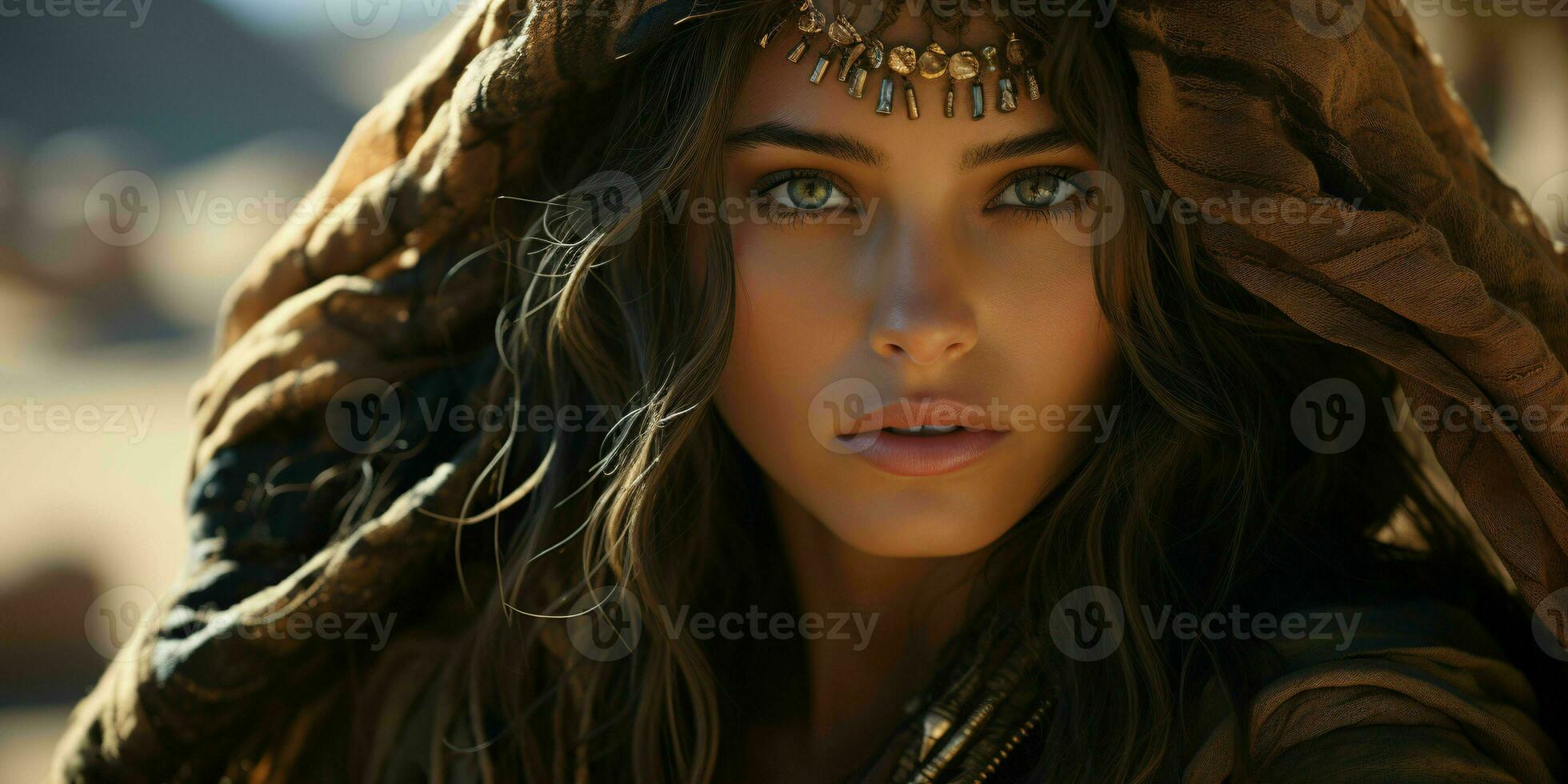 ai gegenereerd portret van mooi gesluierd Arabisch Dames met woestijn achtergrond. dichtbij omhoog van midden- oostelijk Dames met mooi ogen. generatief ai foto