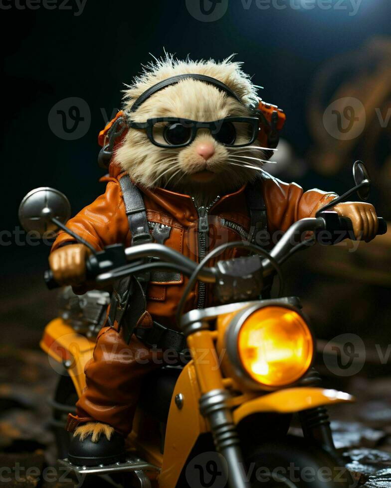 ai gegenereerd schattig weinig hamster rijden een motorfiets. generatief ai foto