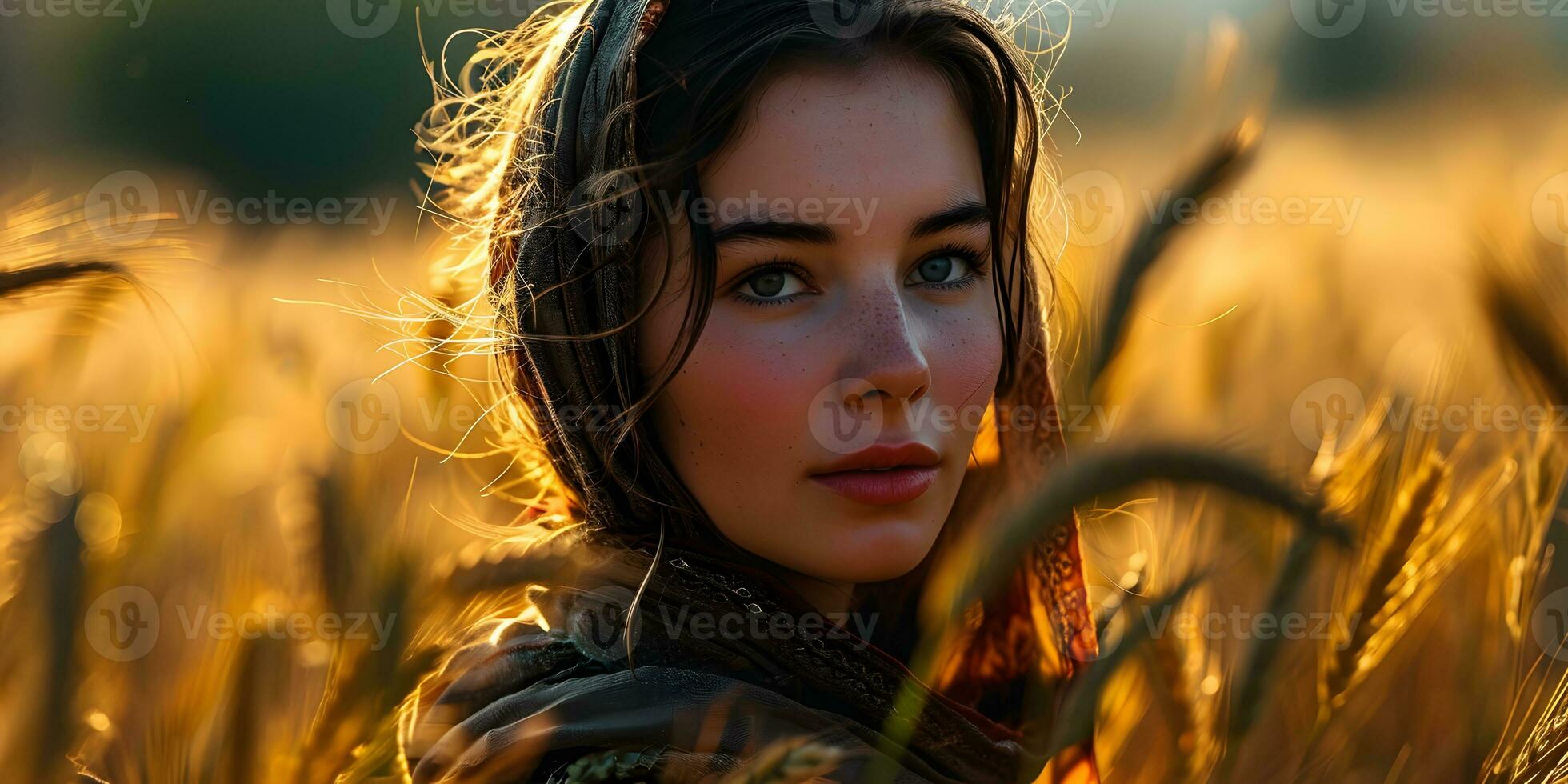 ai gegenereerd mooi midden- oostelijk vrouw met sproeterig gezicht, vervelend hoofddoek in tarwe veld- met gloeiend zonlicht effect. generatief ai foto