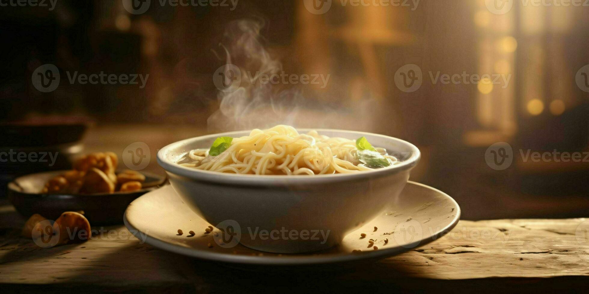 ai gegenereerd een kom van heet noodle soep Aan houten tafel. generatief ai foto