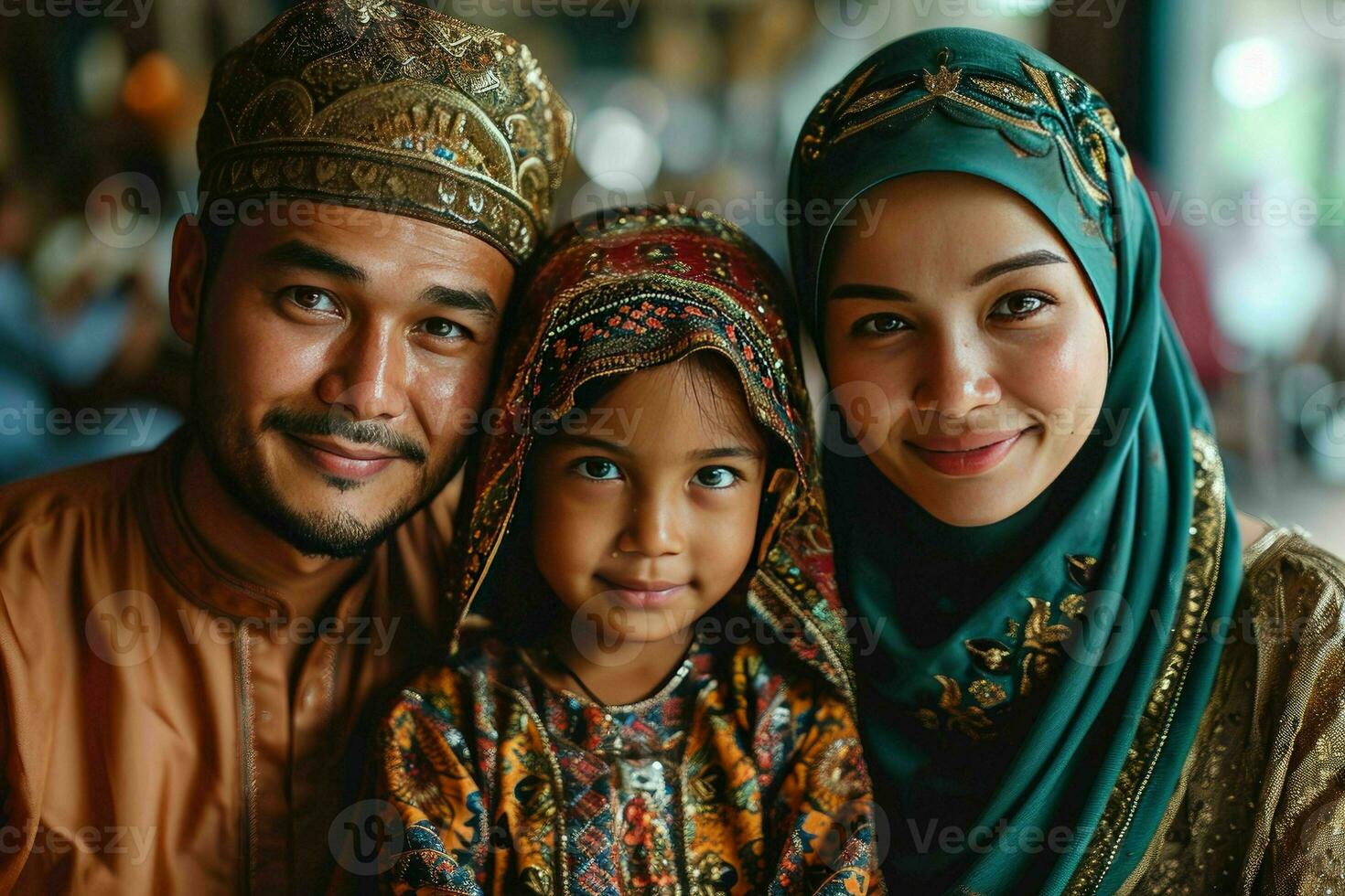 ai gegenereerd portret van een gelukkig Aziatisch moslim familie in traditioneel kleren. generatief ai foto