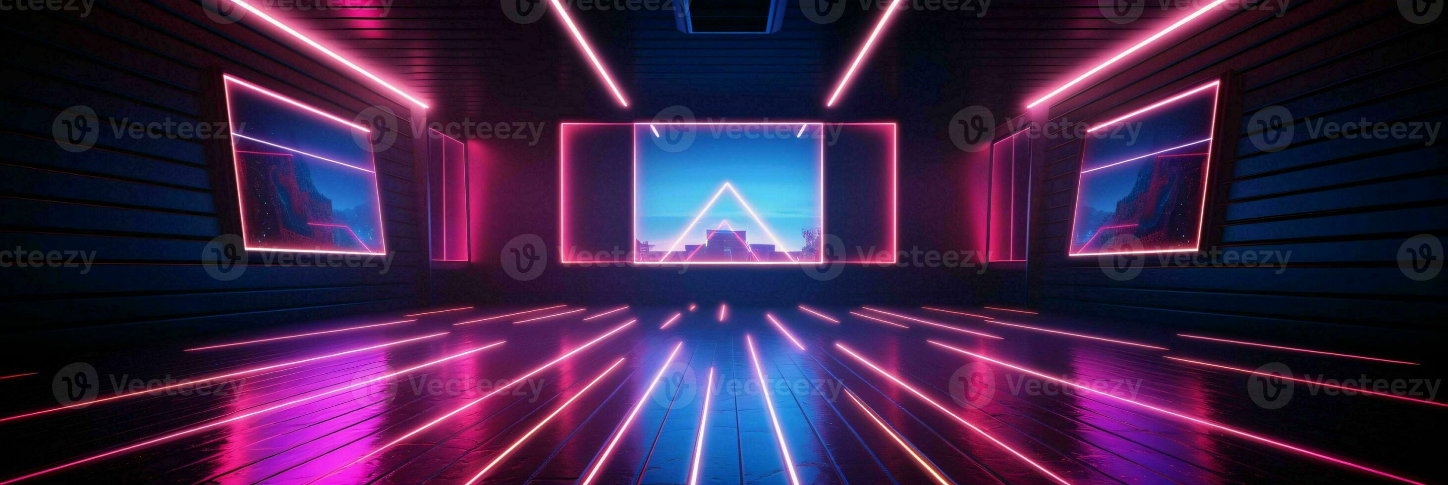 ai gegenereerd modern donker kamer met gloeiend neon lijnen met retro 80s stijl. futuristische interieur met laser effect. generatief ai foto