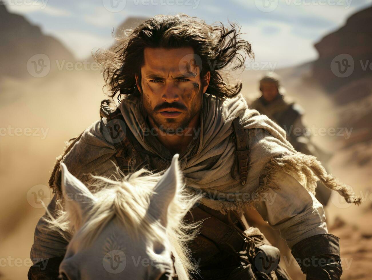 ai gegenereerd midden- oostelijk Mens rijden een paard in de woestijn. Arabisch Mens rijden paard. generatief ai foto