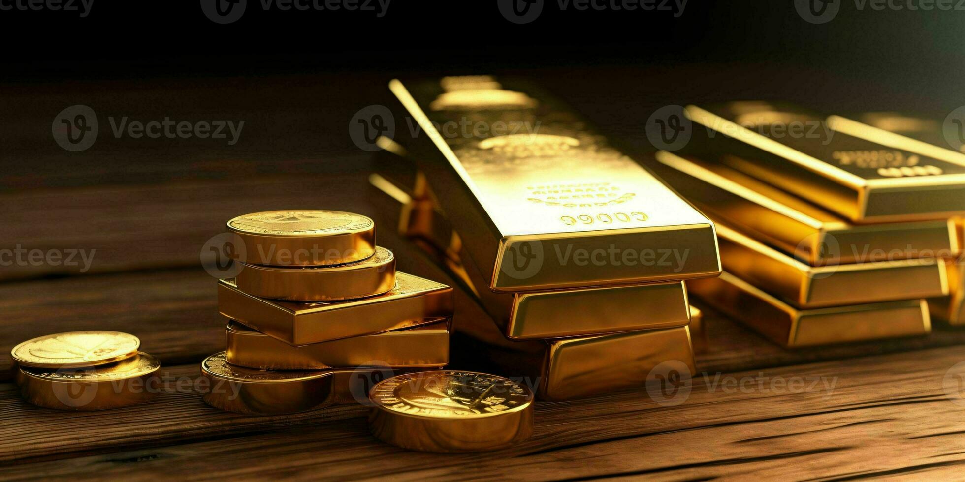 ai gegenereerd goud bars en munten Aan een houten tafel. generatief ai foto