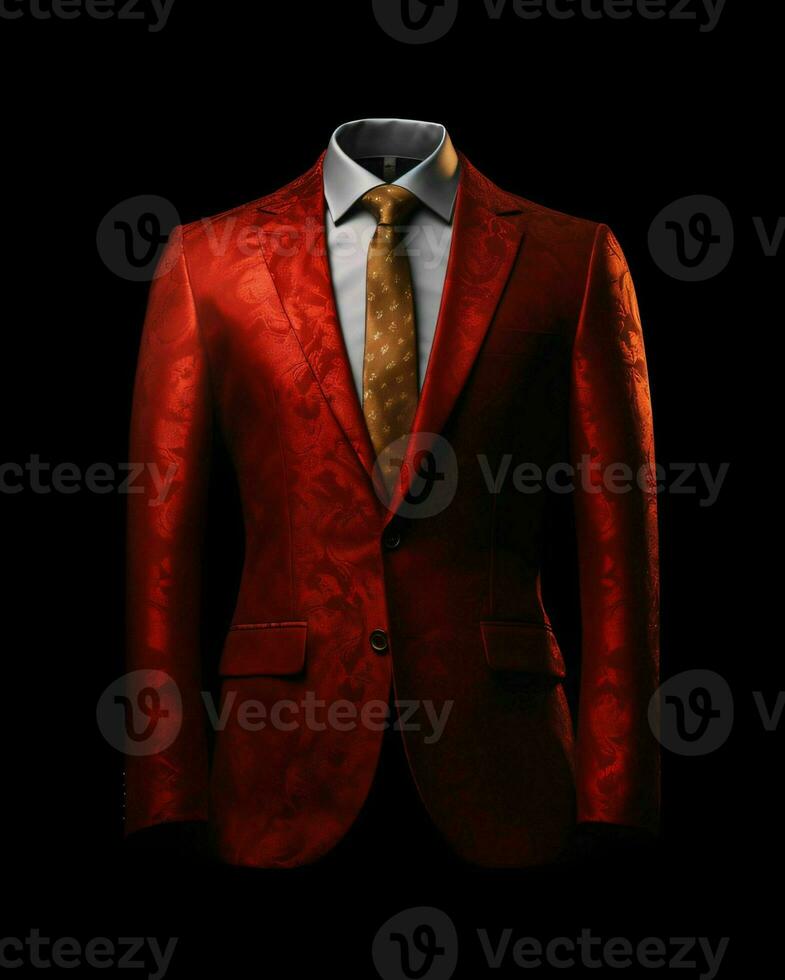 ai gegenereerd luxe en elegant rood Mannen pak met abstract motief geïsoleerd Aan zwart achtergrond. generatief ai foto