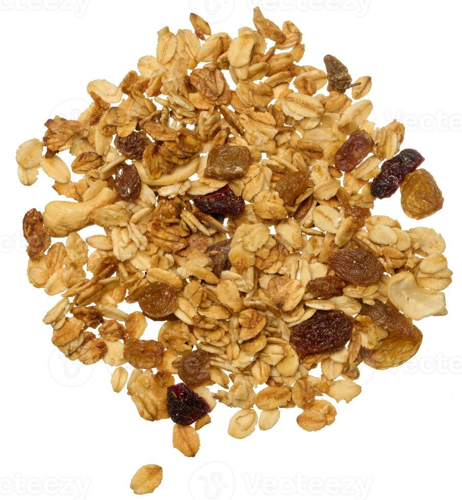 havermout, rozijnen, cashewnoten en amandelen. muesli geïsoleerd Aan achtergrond foto