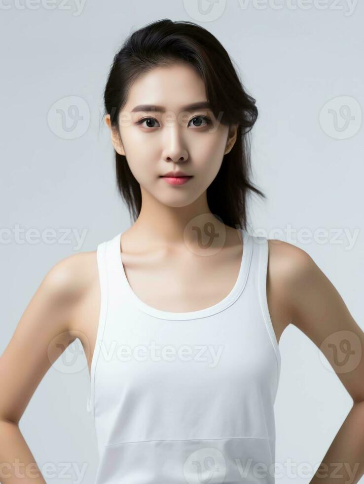 ai gegenereerd portret van jong Aziatisch vrouw schoonheid model- vervelend tank top met schoon wit huid, studio foto, geïsoleerd wit achtergrond, ai generatief foto