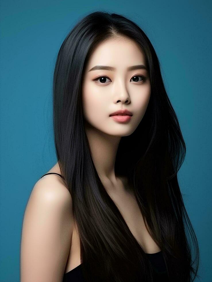 ai gegenereerd jong schoonheid Japans vrouw lang Rechtdoor haar- met Koreaans stijl bedenken en perfect schoon huid Aan geïsoleerd blauw achtergrond, ai generatief foto