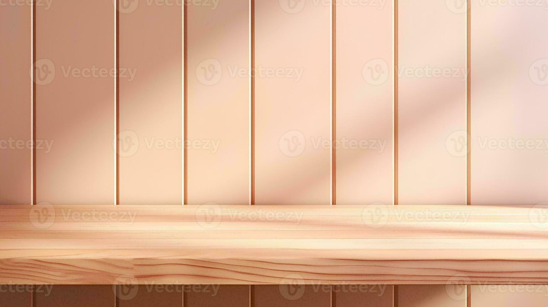 ai gegenereerd leeg minimalistische natuurlijk hout tafel, mooi hout graan in zonlicht, schaduw Aan beige muur, 3d Product Scherm achtergrond foto