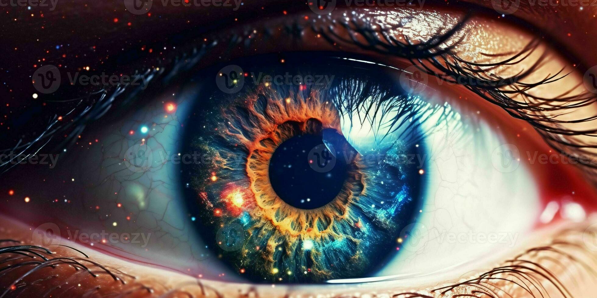 ai gegenereerd dichtbij omhoog visie van de oog met de universum binnen. generatief ai foto