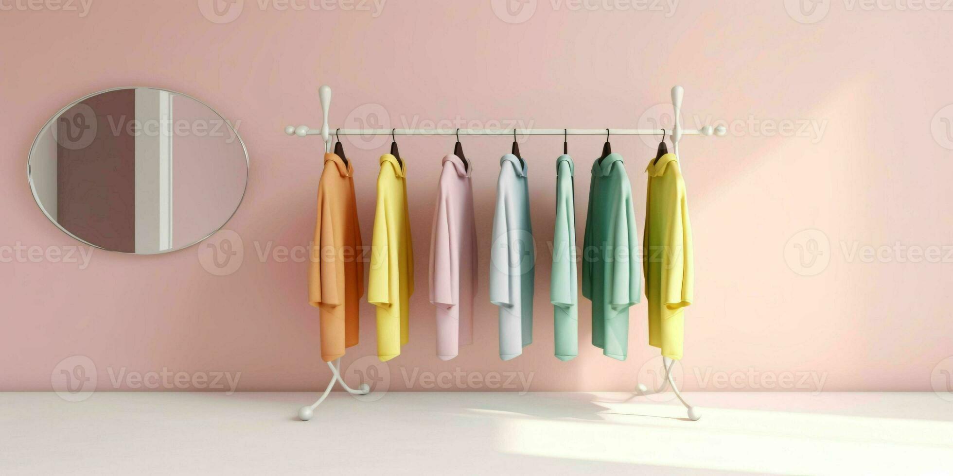 ai gegenereerd modieus kleren Aan hangers in een minimalistische interieur. mode tonen kamer interieur. generatief ai foto